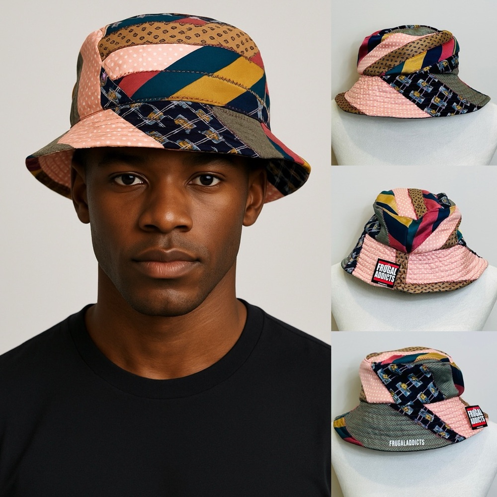 Handmade Upcycled Silk Tie Bucket Hat Quilted Patchwork with Black Cotton Lining